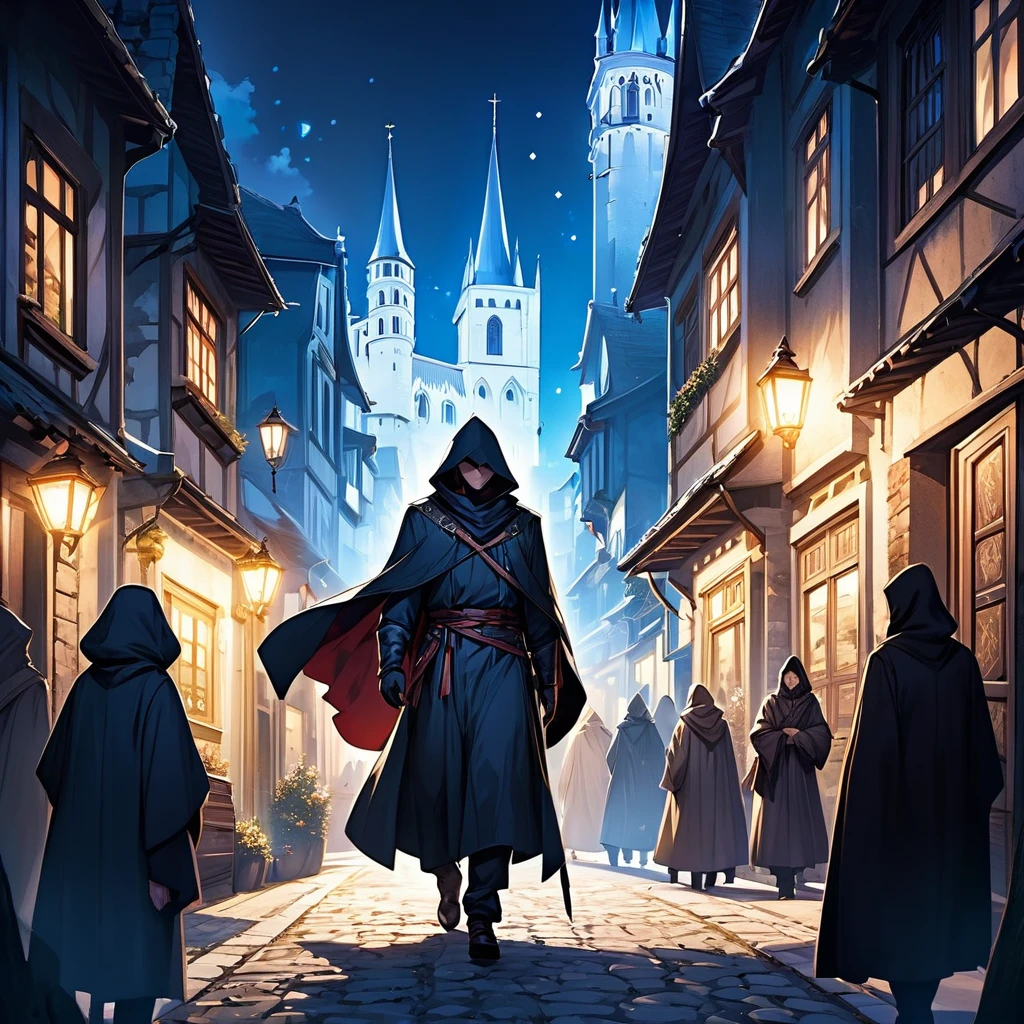 Medieval Europe，at night，An assassin in night clothes，Lurking behind a noble man。Mid-ground composition，Game illustration style，Magic style，Suitable for card illustrations。