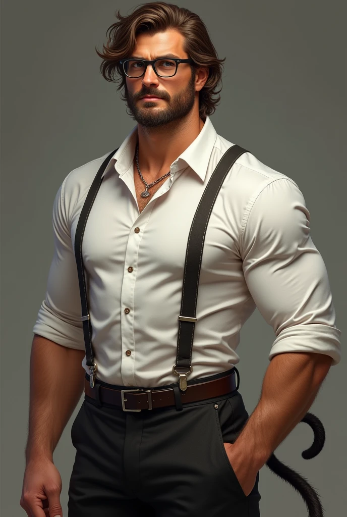 (photorealism:1.2), male, well built, tanned, brown beautiful hair, small beard, glasses, white shirt, suspenders. Black pants, monkey tail 