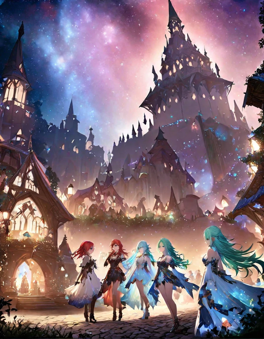 Highest quality、masterpiece、Very detailed、Finely detailed、High resolution、8k wallpaper、Fine and beautiful eyes、Three Girls(Green-haired girl、Blue Hair Girl、Red Haired Girl)、Fantasy、god々A beautiful castle is in the background.、Countless firefly-like lights are flying