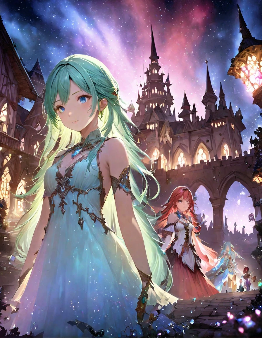 Highest quality、masterpiece、Very detailed、Finely detailed、High resolution、8k wallpaper、Fine and beautiful eyes、Three Girls（Green-haired girl、Blue Hair Girl、Red Haired Girl）、Fantasy、god々A beautiful castle is in the background.、Countless firefly-like lights are flying