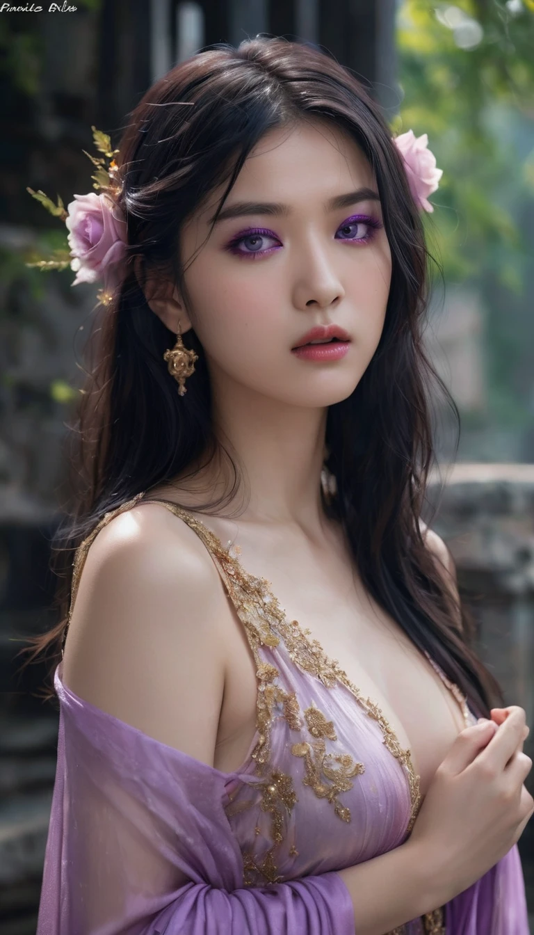 1 20 year old girl, 1 goddess Athena, pink purple silk dress, beautiful goddess Athena face without blemishes, delicate yellow nightgown, long thin sequin nightgown with many sexy black lace details, 1 beautiful thin red silk cloth half veil, female saint legend, female saint icon, beautiful goddess style glitter, dark and mysterious version, vermilion lips, plump red lips, not smiling, mouth closed, ((angry face:0.8)), delicate and beautiful pino detailing, delicate and beautiful lip detail, (pure and flawless face: 1.9), female saint body, round chest, big and round breasts, phoenix brooch, long flat bangs, long black hair, beautiful clear face and well-proportioned eyes, (transparent iridescent light purple eyes: 1.8), (big round eyes and makeup, sexy wet eye makeup, very beautiful and meticulous hair makeup, long and delicate blonde hair, delicate, body image: 1.8), figure: and vivid, (stars that make up the sky: 1.7), (the sky of heaven and the fictitious gate of time and space: 1.8), fictional art, RAW photos, hanfu photos, best photos, high resolution, best quality, best photos, best goddess quality, 8k female, super 8 single saint portraits, truest color schemes, masterpieces, best beauty brands, best hair jewelry, brand real photo, dark studio, border light, two-tone lighting, (rose white skin: 1.4), (high skin detail: 1.1), 8k uhd, d slr, soft light, 8k, high quality, candid, volume Smooth and sharp, 10x pixel increase, sexy goddess, sexy goddess, (background space: 1.8), (most beautiful aurora eyes: 1.7), beautiful eyes, aurora beautiful and flowery, (beautiful single girl: 1.8), (more details:0.8)
