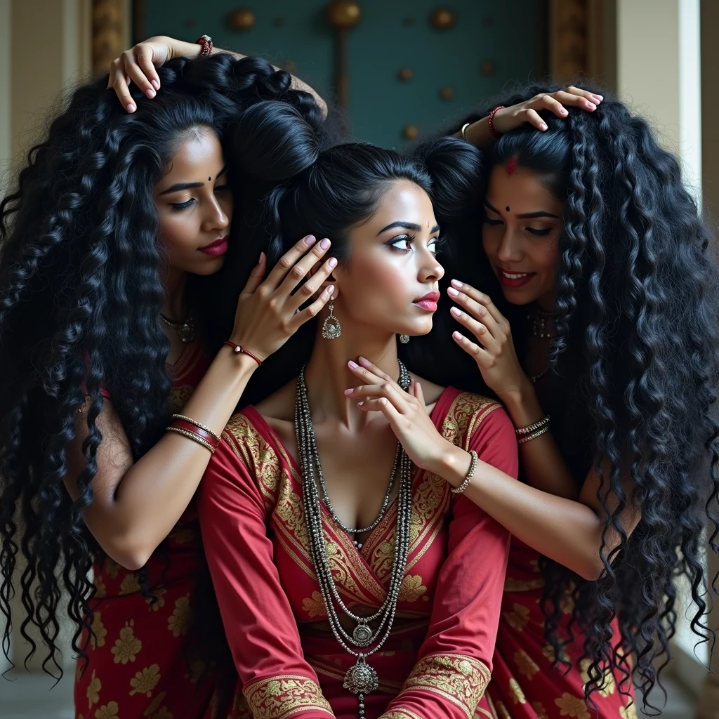 indian kali temple,three younger indian ladies in sarees,unnatural unreal wiered black 3c curly hairs like black springs,It is being coiled and coiled and coiled like detailing as per image prompt,Showered highly wet hairs,Drenched and absorbed water in their hair,like hair flooded with 10000000000000000000000000000000000000000000 liters and soaked in thier hair,hairs like water pulp,Those hairs got pulpted and makes very thick hair curls like black warms on thier hairs,Their hairs got coiled with wetness,Their jairs wet woth not omly water,Also has been applied tons and tons of wet look hair get and resembled in to image prompt hair level,Refer in to the image prompt thier hairs are amazing curly coily thick like black warms and thier hairs like not in this plannet,Shinning like mirrors stating big black springs,one lady kneeled down, other two bend over and licking head scalp of kneeled lady from behind, Like they raping kneeled lady' head scalp with kissing wildly,