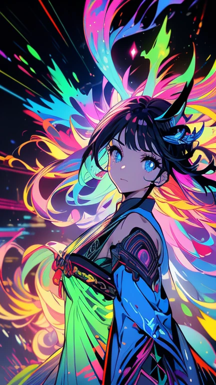 high quality, 8K Ultra HD, generate a vibrant canvas illuminated by a cascade of colorful and iridescent bioluminescence, forming the silhouette of a captivating Chinese woman, The dynamic lines and patterns, reminiscent of a biological dance, weave together to create a harmonious fusion of biology and art. The bioluminescence, in hues ranging from electric blues to radiant reds and vivid greens, breathes life into the woman's form, Her darkened silhouette emerges as a synthesis of the iridescent bioluminescence, a testament to the seamless integration of colorful biology and extreme beauty in your masterful creation, highly detailed, bright HDR highlights create a rim of light around the silhouette.