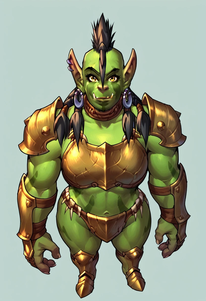 score_9, score_8_up, score_7_up, score_6_up, score_5_up, score_4_up, 1girl, orc, muscular, muscular female, tusks, pointy ears, colored skin, green skin, mohawk, braid, black hair, earrings, smile, standing, wearing (knight armor:1.2), gauntlets, (breastplate:1.2), shoulder armor, looking at viewer, from above, 
light blue background, simple background,