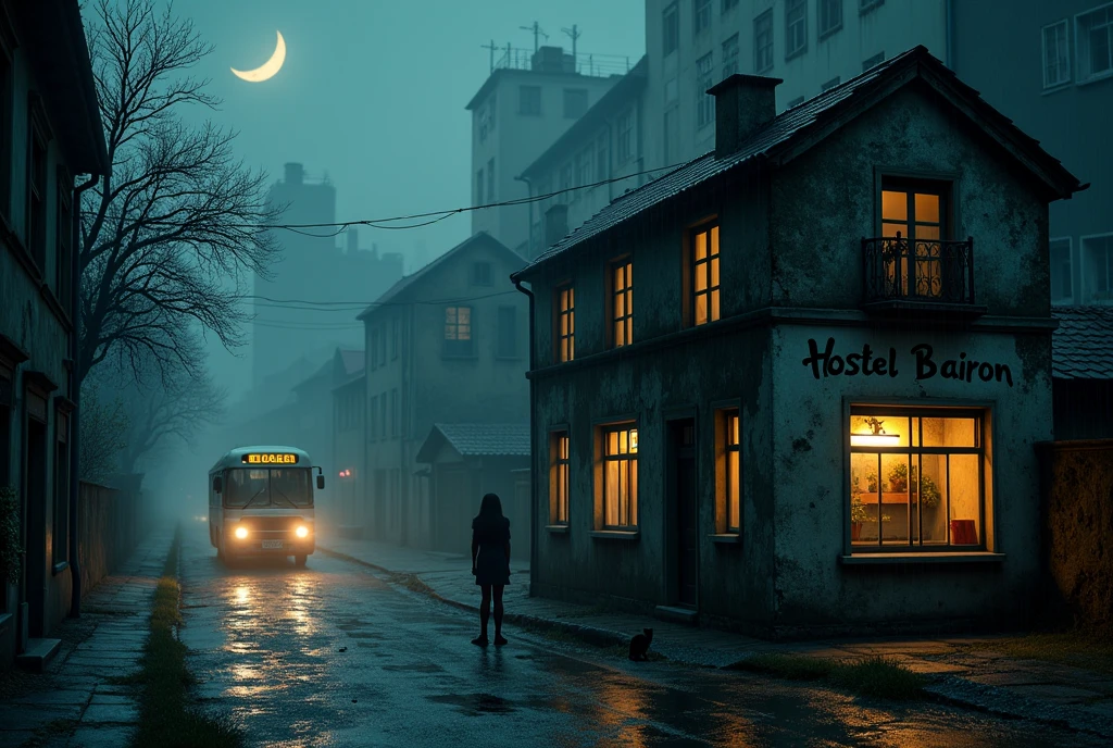 symmetrical image, rule of thirds, old europe street, midnight, small cracked hostel building, two floors, mossy black, cracked roof, crime street, midnight, poor people, cat, text says "HOSTEL BAIRON", hostel sandwitched beetween two high buildings, old london style, rainy night, moon, megapolis blurred lights on background, tourist bus driving away, girl standing close on right silloutte