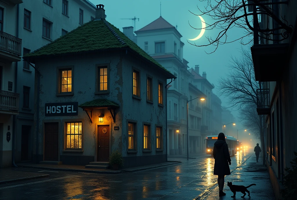 symmetrical image, rule of thirds, old europe street, midnight, small cracked hostel building, two floors, mossy black, cracked roof, crime street, midnight, poor people, cat, text says "HOSTEL BAIRON", hostel sandwitched beetween two high buildings, old london style, rainy night, moon, megapolis blurred lights on background, tourist bus driving away, girl standing close on right silloutte