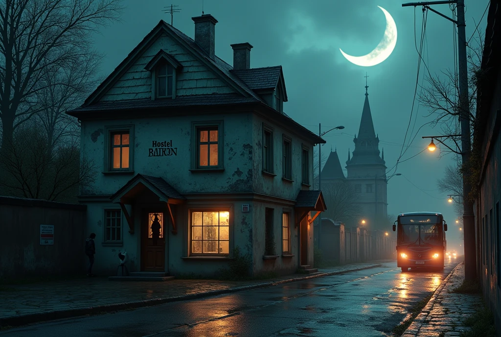 symmetrical image, rule of thirds, old europe street, midnight, small cracked hostel building, two floors, mossy black, cracked roof, crime street, midnight, poor people, cat, text says "HOSTEL BAIRON", hostel sandwitched beetween two high buildings, old london style, rainy night, moon, megapolis blurred lights on background, tourist bus driving away, girl standing close on right silloutte