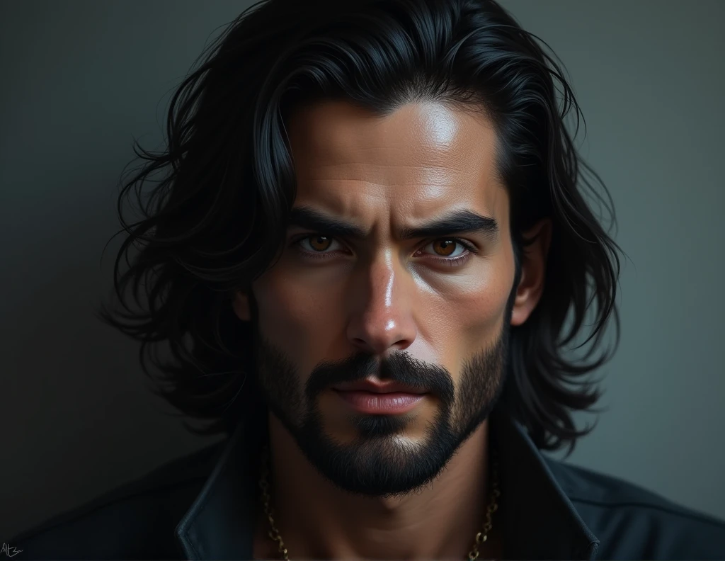 30 year old man, hip-length black hair, with a very short beard, sapphire eyes
