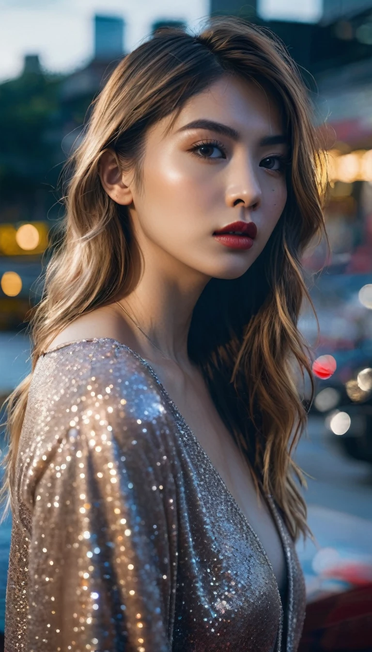 (masterpiece:1.3, realistic:1.3), best quality, ultra detailed, intricate, professional photography, HDR, High Dynamic Range, (8k UHD), RAW photo, dslr, realistic LUT, cinematic LUT, perfect lighting, professional lighting, cinematic lighting, cinematic shadows, iridescent lighting Fashion photography, Fashion photography, Embellished, Latino, young, woman, Long hair, Layered hair, Short textured fringe, Honey Blonde hair, Double Eyelid eyes shape, Hazel eyes, Large lips, Glossy red lips, Glam makeup, Confused, Voluptuous body, Expressive female pose, Riding, Business Casual dress, Harem pants, Ambient light, Lens flare, Sunrise, Dawn, silver sparkle background, Waterfall background, Nikon Z6, 25mm prime lens, Handheld shot, BREAK PA7_Portrait-CU, Slightly above, Kodak Portra 160, Color filter, (((PA7_Human-Likeness)))