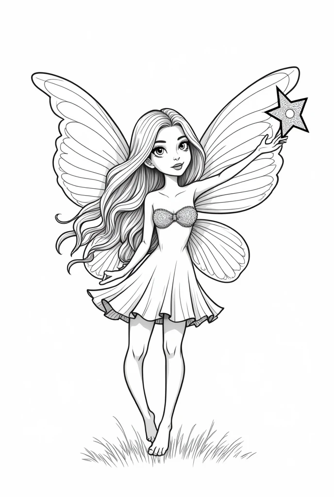 a pretty fairy with a magic star in her hands, for coloring pages, full white,clean line art, children's style, magic forest background, full body, Sketch style, playful style, childrens,coloring page, clean line art, white background, colouring page, clean outline