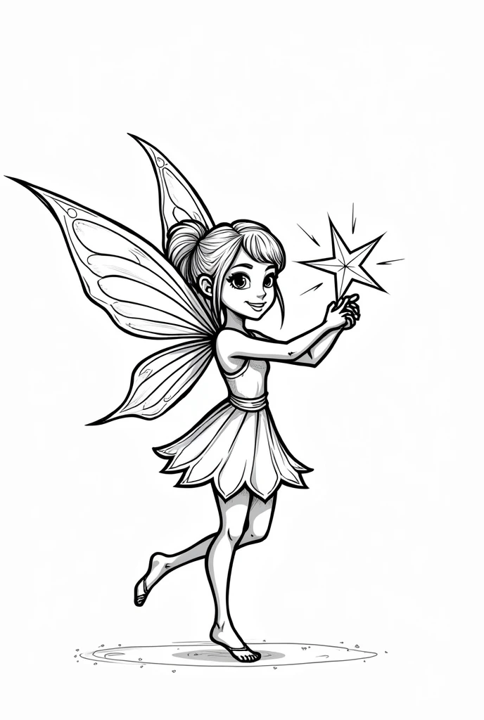 a pretty fairy with a magic star in her hands, for coloring pages, full white,clean line art, children's style, magic forest background, full body, Sketch style, playful style, childrens,coloring page, clean line art, white background, colouring page, clean outline
