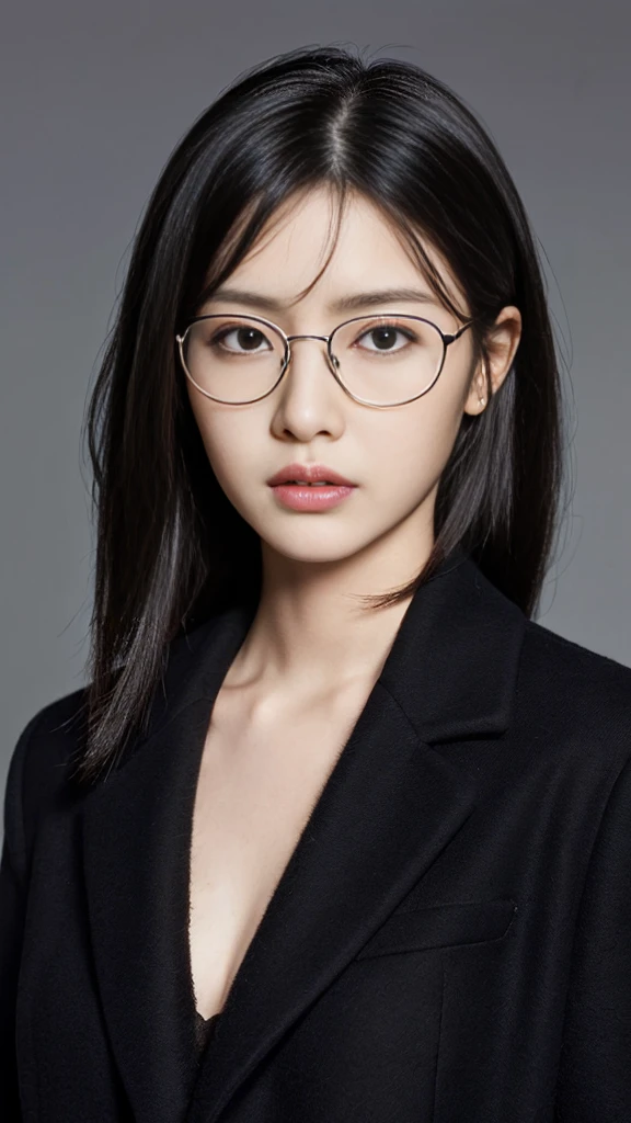 (Highest quality:1.5), (Real:1.4), (Ultra high definition:1.4), (No correction:1.4), (skinny Japanese woman with average size breasts standing front plain background in studio), (A woman wearing black-rimmed glasses), (Very small eyes), (breasts of average size), (Average height), (Bangs cover the forehead), (Long black hair), (Dark personality expression), (Black long coat), (black hair woman is standing with black long coat front plain background in studio), (woman viewed from the front), (Plain background), (Cowboy Shot), (Cold expression), (upright), (A woman with long black hair and glasses), (Bangs that cover the forehead), (Sharp and tiny eyes)