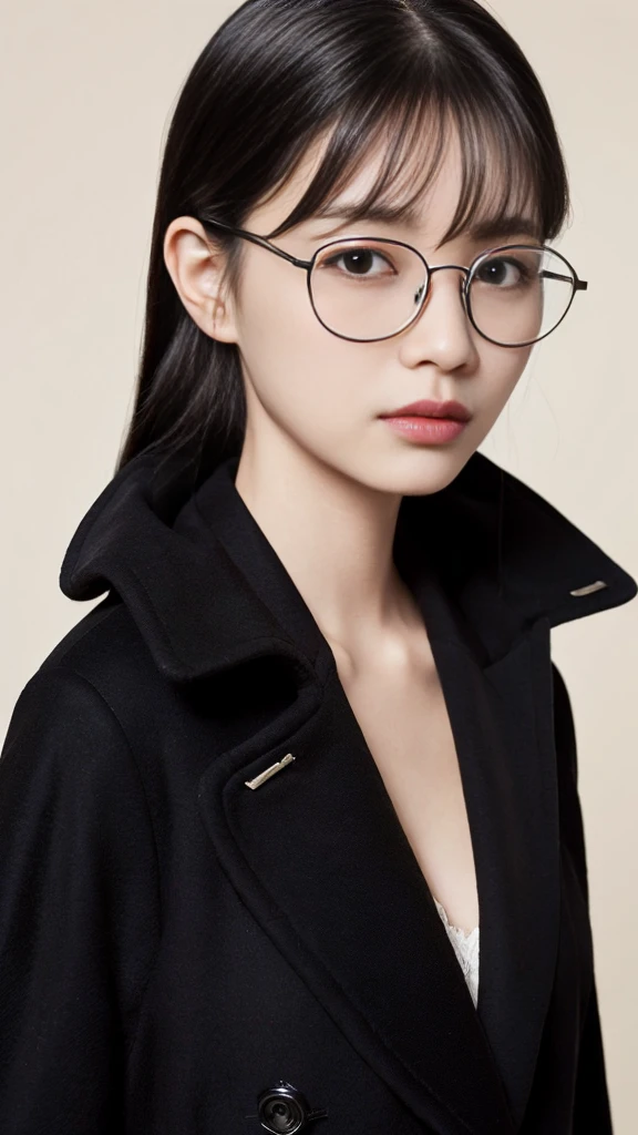 (Highest quality:1.5), (Real:1.4), (Ultra high definition:1.4), (No correction:1.4), (skinny Japanese woman with average size breasts standing front plain background in studio), (A woman wearing black-rimmed glasses), (Very small eyes), (breasts of average size), (Average height), (Bangs cover the forehead), (Long black hair), (Dark personality expression), (Black long coat), (black hair woman is standing with black long coat front plain background in studio), (woman viewed from the front), (Plain background), (Cowboy Shot), (Cold expression), (upright), (A woman with long black hair and glasses), (Bangs that cover the forehead), (Sharp and tiny eyes)