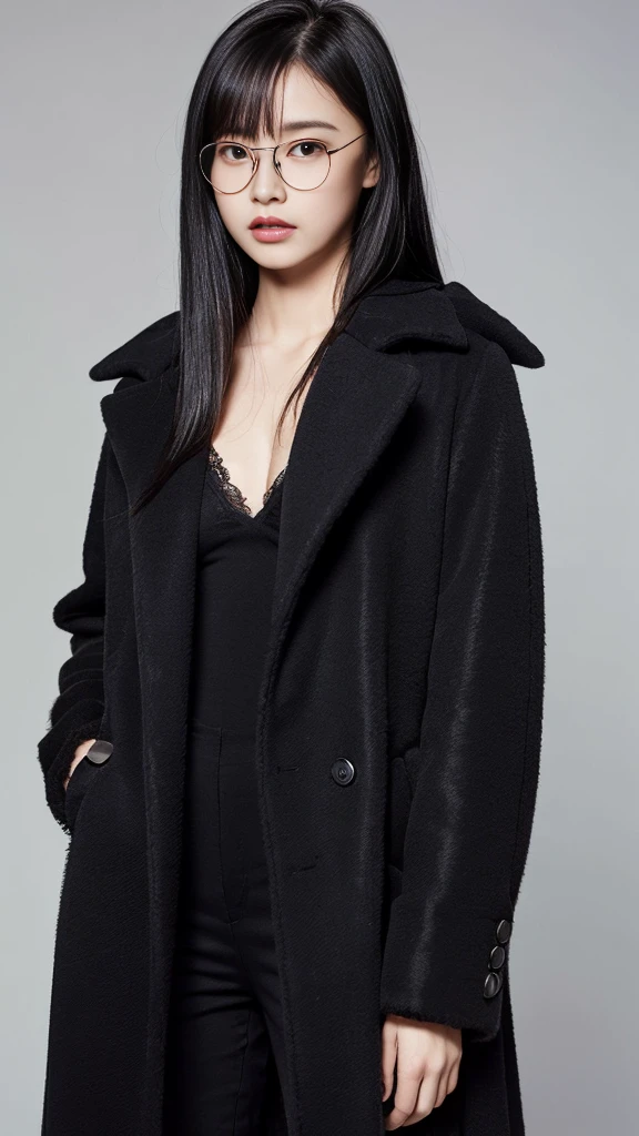 (Highest quality:1.5), (Real:1.4), (Ultra high definition:1.4), (No correction:1.4), (skinny Japanese woman with average size breasts standing front plain background in studio), (A woman wearing black-rimmed glasses), (Very small eyes), (breasts of average size), (Average height), (Bangs cover the forehead), (Long black hair), (Dark personality expression), (Black long coat), (black hair woman is standing with black long coat front plain background in studio), (woman viewed from the front), (Plain background), (Cowboy Shot), (Cold expression), (upright), (A woman with long black hair and glasses), (Bangs that cover the forehead), (Sharp and tiny eyes)