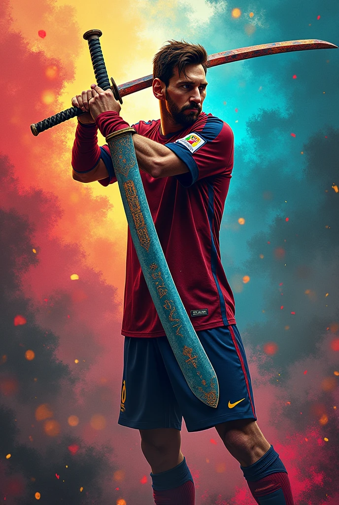 Messi with a big katana background must be  colourful 