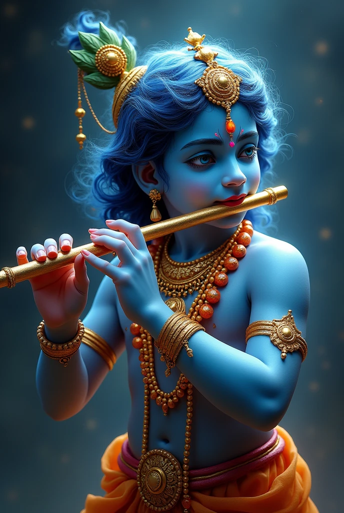 Lord Krishna, depicted in a hyper-realistic and highly detailed form, playing his divine flute. His entire body is adorned with radiant crystals that shine with a divine, ethereal glow. His skin, a deep and mesmerizing shade of blue, sparkles with intricate, jewel-like patterns. He wears a traditional turban with a peacock feather delicately placed at the top. His attire is richly decorated with ornate jewelry, including gold and bejeweled necklaces, bracelets, and anklets, all adding to his majestic appearance. The scene is bathed in a soft, mystical light, highlighting every detail of his divine form, creating an aura of spiritual serenity and divine energy. The background is kept minimalistic to focus on the divine figure, with subtle hints of a cosmic backdrop to emphasize his celestial nature. The overall composition should exude a sense of divinity, tranquility, and spiritual grace, with each crystal on his body shimmering as if blessed by the divine energy.