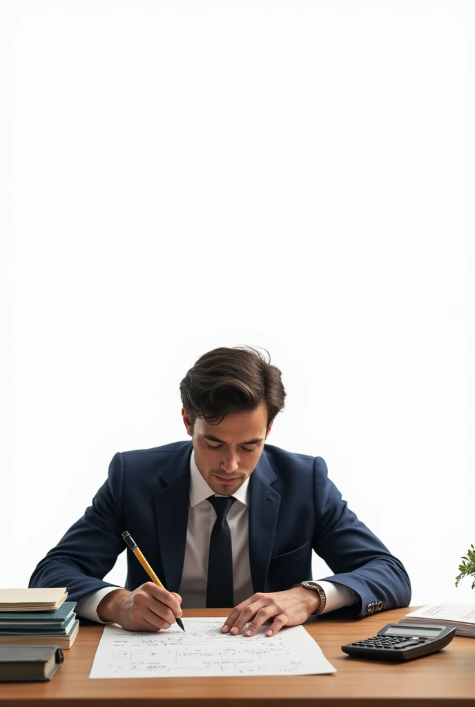 On a white background A person at a table doing the math