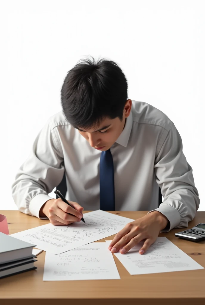 On a white background A person at a table doing the math