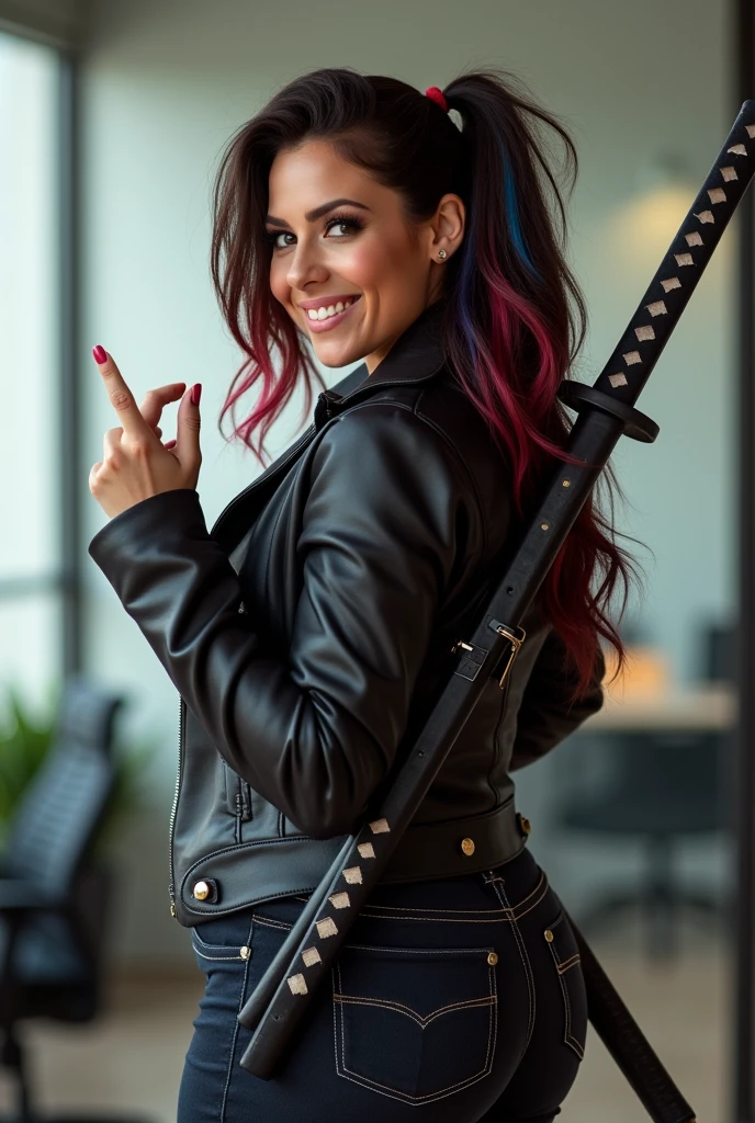 POV from behind realistic photography picture of Lindsey Strutt, big breasts, dark brown hair, beautiful, gorgeous, stunning, laughing, smirking, ((single Japanese Katana carried on her back)), ((giving the middle finger)), pigtails in hair, red and blue highlights in hair, wearing a white tee shirt and jeans, in her modern executive office