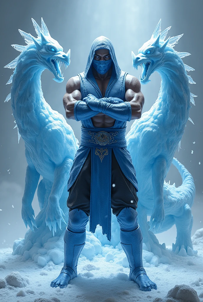 A powerful and intimidating portrait of Sub-Zero, the iconic character of Mortal Kombat, Standing in the center of the scene. Sub-Zero's arms are crossed in an X shape., with icy veins visible on his skin. His arms are covered in a thick layer of ice, emphasizing his sub zero ice powers must be in mok x's outfit. The environment around him is a frozen battlefield, with ice spikes piercing the ground, as if he had just unleashed a devastating attack, impaling his enemies. Behind Sub-Zero, two fierce ice dragons emerge, One on Each Side, showing only their necks and heads. Dragons are made entirely of ice, with sharp features and threatening expressions, increasing the frozen and lethal atmosphere