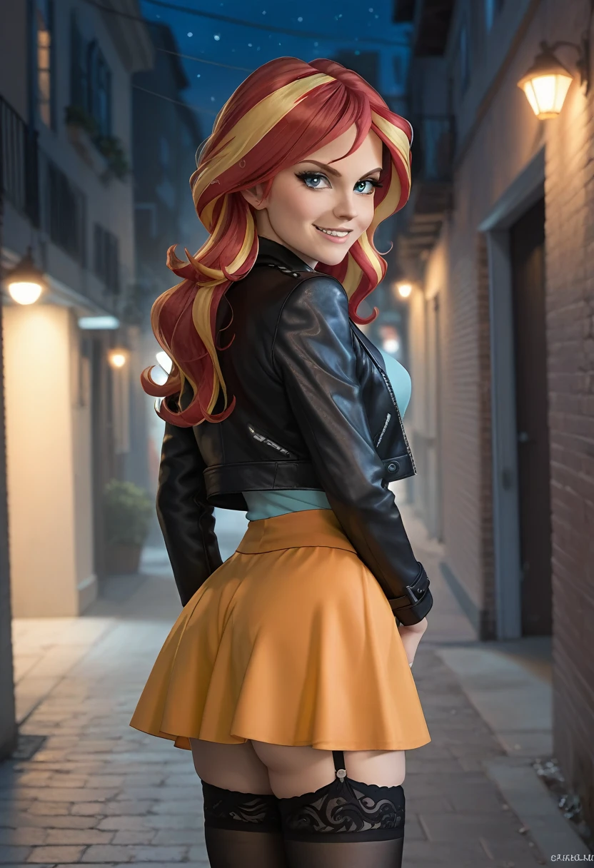 Sunset shimmer from the movie "Mlp equestria girls", by address, seductive look, winking, looking at the viewer, bare breasts,, black leather jacket, blue blouse, orange skirt, She lifts her skirt with her hands to show her buttocks, sexy black panty, black thigh high stockings , garter belt in each stocking., in an alley at night, backwards, shows her buttocks.
