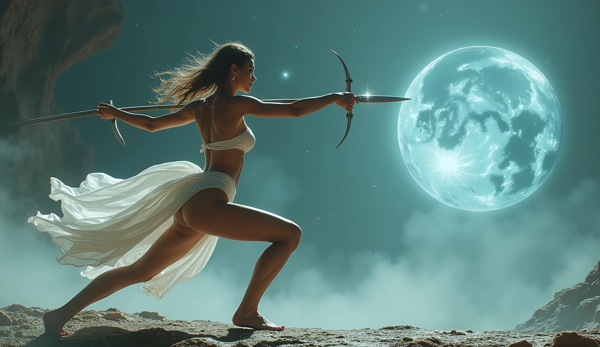 A white waif gaussian silk loincloth bottom and top holding a long thin long sci fi space moon knife boomerang, in dynamic splits pose aiming at its prey, planet zero, 8k,