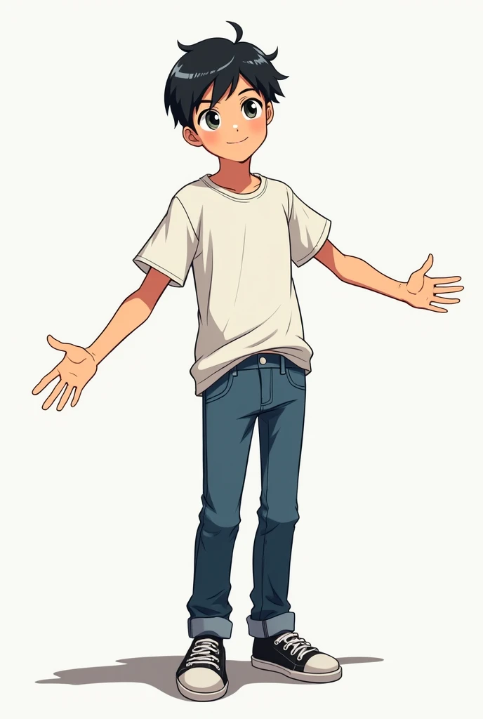 Anime boy with arms outstretched dressed casually and standing sideways