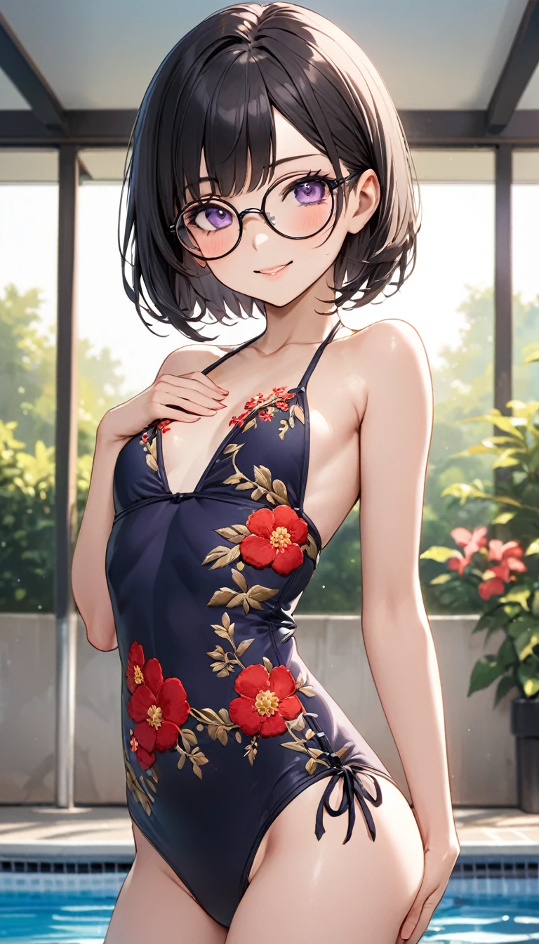 Highest quality、Best image quality、masterpiece、独奏, a girl、Beautiful Eyes、black hair, purple eyes、Short bob cut、(sideburns), middle part, (flat chest)、slender、Tight waist、Round Glasses、Beautiful Face、Natural smile、red cheek、flower embroidery bikini, At the school pool、sexy pose, bewitching pose, Model Pose, dynamic angle