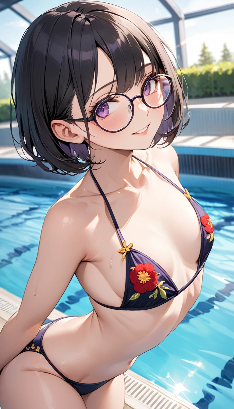 best quality、Best image quality、masterpiece、solo, A girl、beautiful eyes、Black Hair, Purple Eyes、Short Bob Hairstyle、(temple), Middle part, (flat chest)、slim、Tight waist、Round glasses、Pretty Face、Natural smile、Red cheeks、Slingshot swimsuit, In the school swimming pool、Sexy pose, Charming pose, Model pose, Dynamic Angle