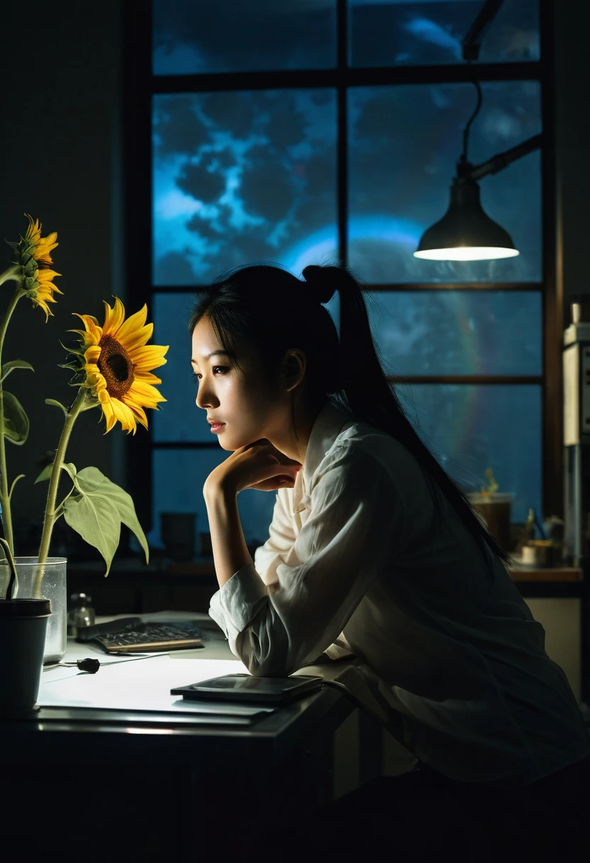 Genius Botanist beauty Misaki Sato, 28, Japanese, long black hair in a messy bun, concentrated expression, observing mysterious rainbow-colored sunflowers under a microscope in a dimly lit laboratory, moonlight through a large window casting long shadows, state-of-the-art laboratory equipment scattered on a steel table, background Glowing computer screen, nearby half-empty coffee cup, clock shows 2:37 a.m.: clock showing 2:37 a.m., frosted glass door slightly ajar, silhouette of stranger seen through gap, tense air, orchid emitting faint bioluminescence, super-definition, cinematic lighting, shallow depth of field, suspense thriller atmosphere, 8K Ultra HD, --AR 16:9 --stylize 1000