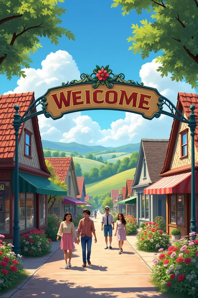 text2image(prompt='A small town with a welcome sign, sunny sky, happy people walking')
