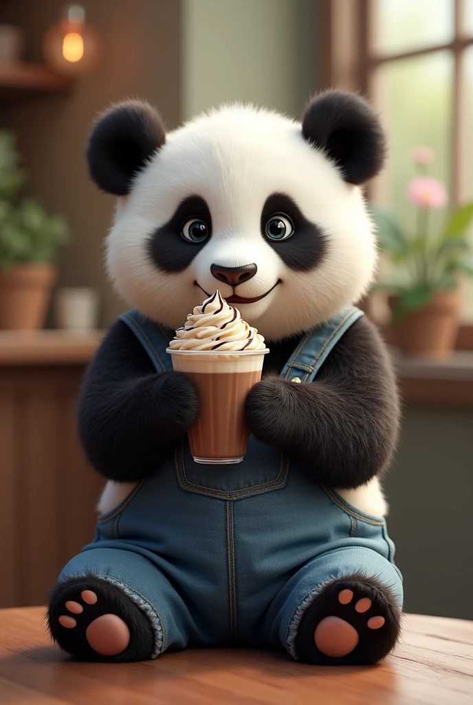 Panda drinking a chocolate frappe and wearing overalls 