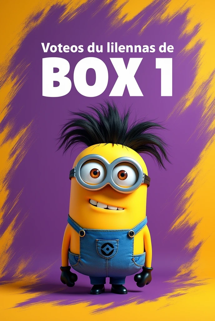 Create an image where it says vote for box 1 in Spanish on a purple and yellow background and a minion with hair