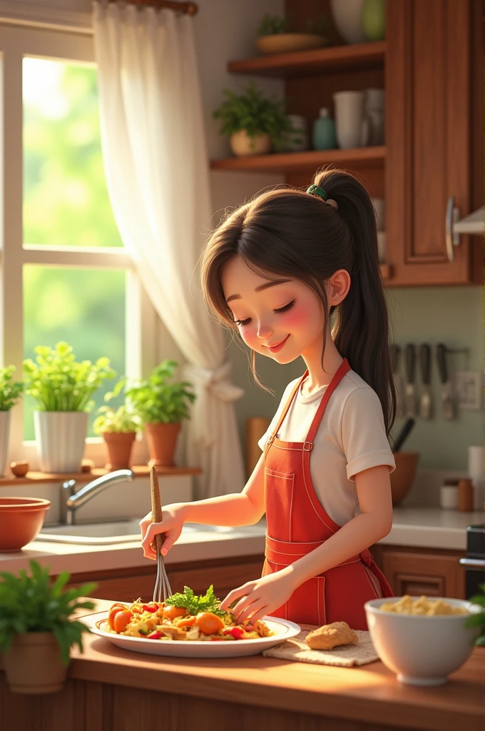 a cute girl cooking in the kitchen