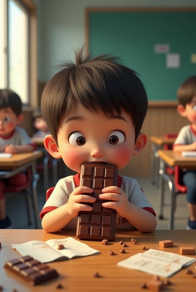 (photorealism:1.2),Child eating bear chocolate, background in a school