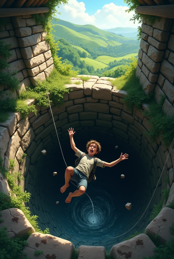 Suddenly a  boy falls into a well