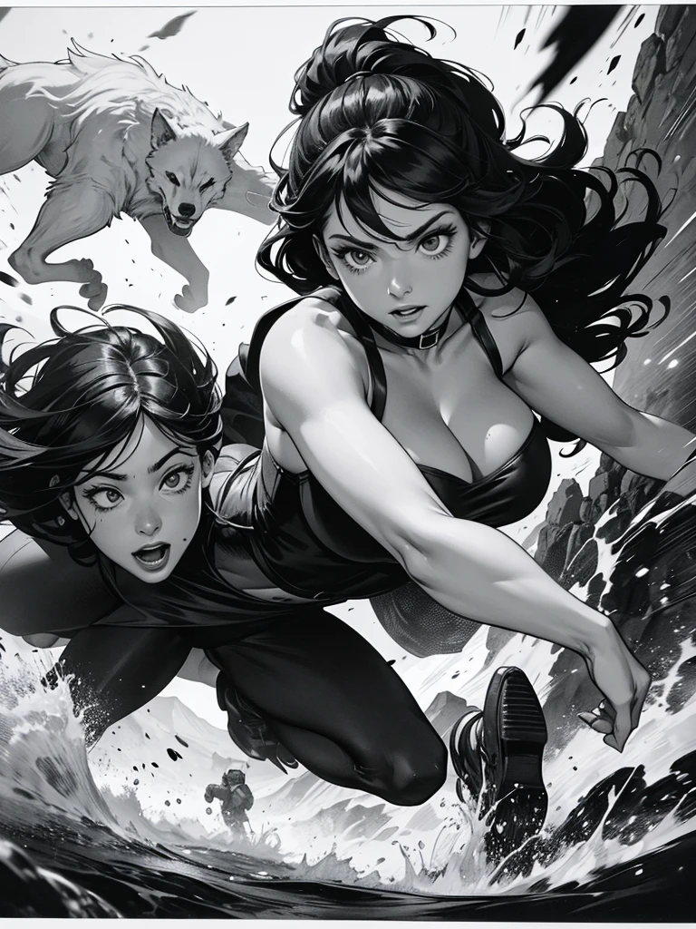 a black and white comic book image of a woman being chased by a pack of wolves