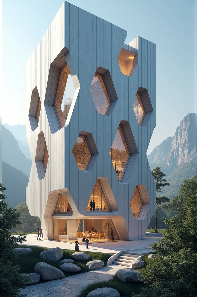 Create a beautiful building with hexagonal windows
