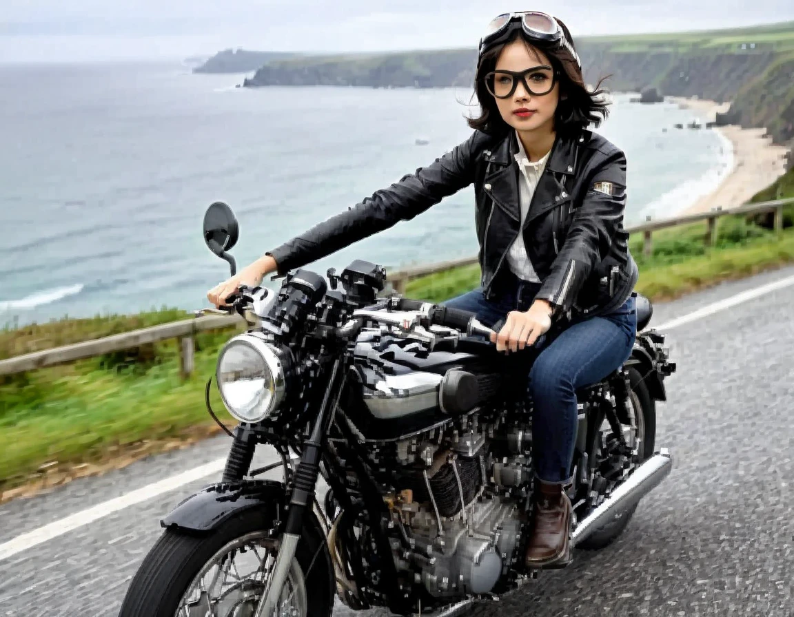 (クラシックRiding on motorcycle )、(Vintage Bikes、Bluff Superior SS100)、Photograph the entire bike、 (Riding on motorcycle:1.2), Beautiful young woman、1、Beautiful Face, Beautiful and delicate eyes, Black Hair, Short Bob Hair, Classic Leather Jacket、With goggles、After the Rain、English countryside、 Coastal road with ocean view、Detailed Description、(Highest quality, masterpiece, High resolution)、8k、wallpaper