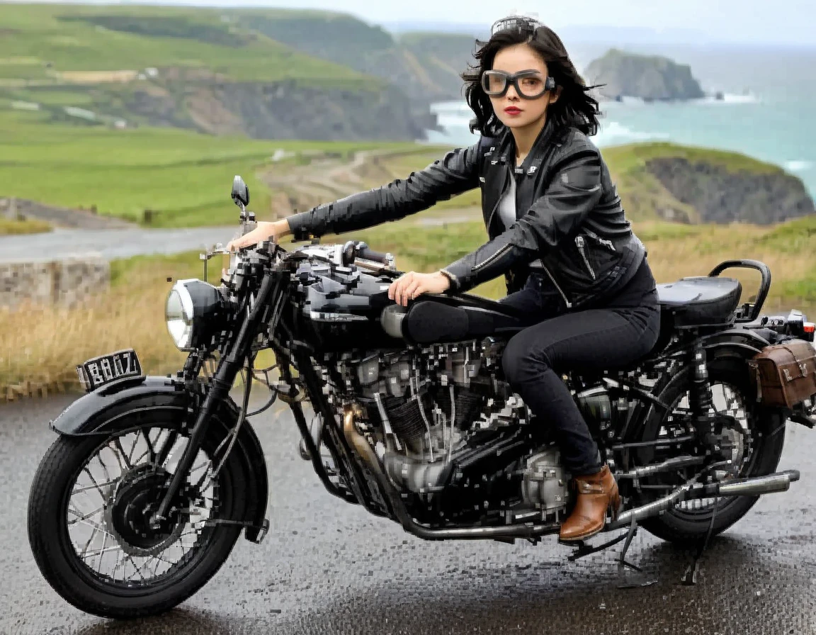 (クラシックRiding on motorcycle )、(Vintage Bikes、Bluff Superior SS100)、Photograph the entire bike、 (Riding on motorcycle:1.2), Beautiful young woman、1、Beautiful Face, Beautiful and delicate eyes, Black Hair, Short Bob Hair, Classic Leather Jacket、With goggles、After the Rain、English countryside、 Coastal road with ocean view、Detailed Description、(Highest quality, masterpiece, High resolution)、8k、wallpaper