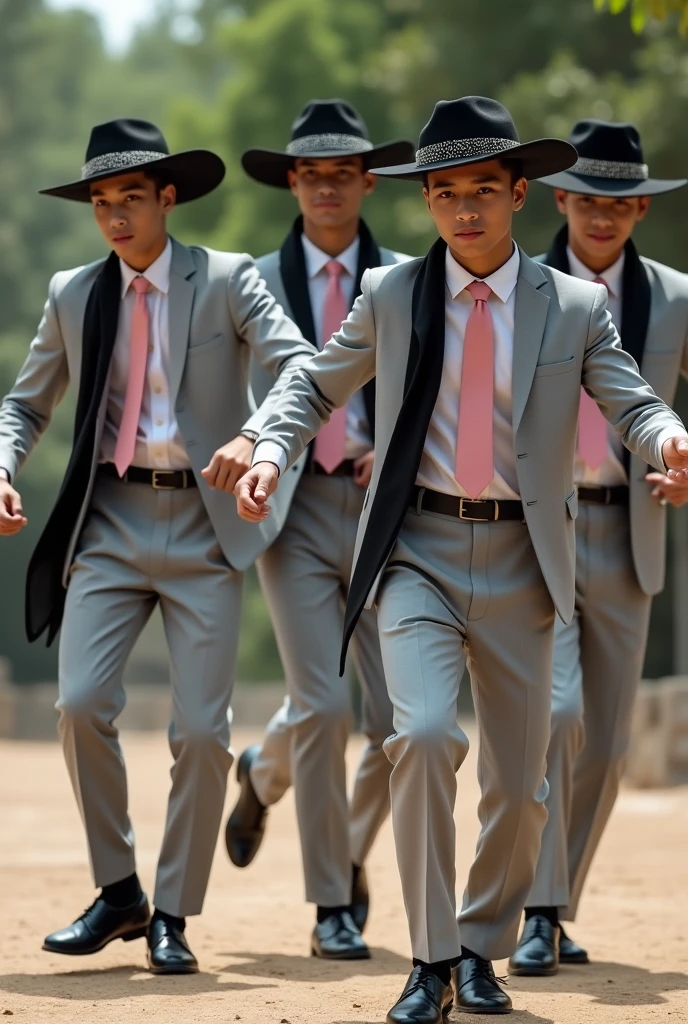 Group of young indigenous men dancing in light grey suits, black hat with lead trim, baby pink tie, White shirt, and black scarf, black shoes.
