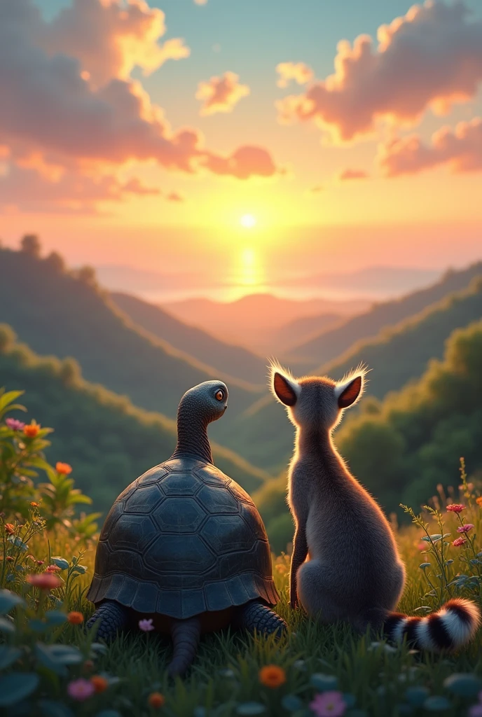 Turtle and lemur looking at the horizon