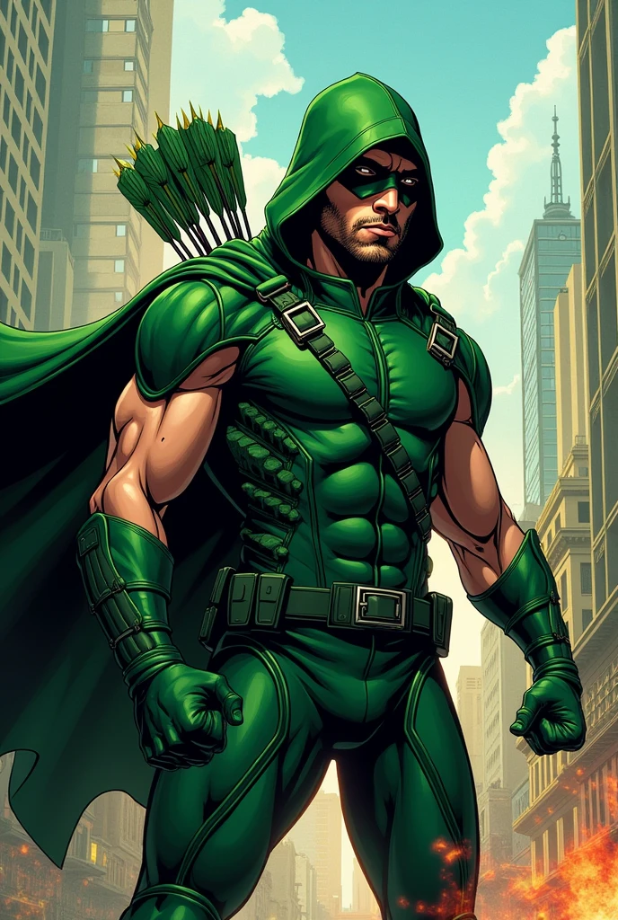 Create an image of the green arrow character with Pablo Marçal&#39;s clear face , saving the city of Sao Paulo