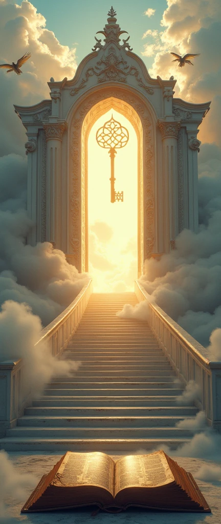 Heavens gate with stairs, big key, bible and angels flying landscape