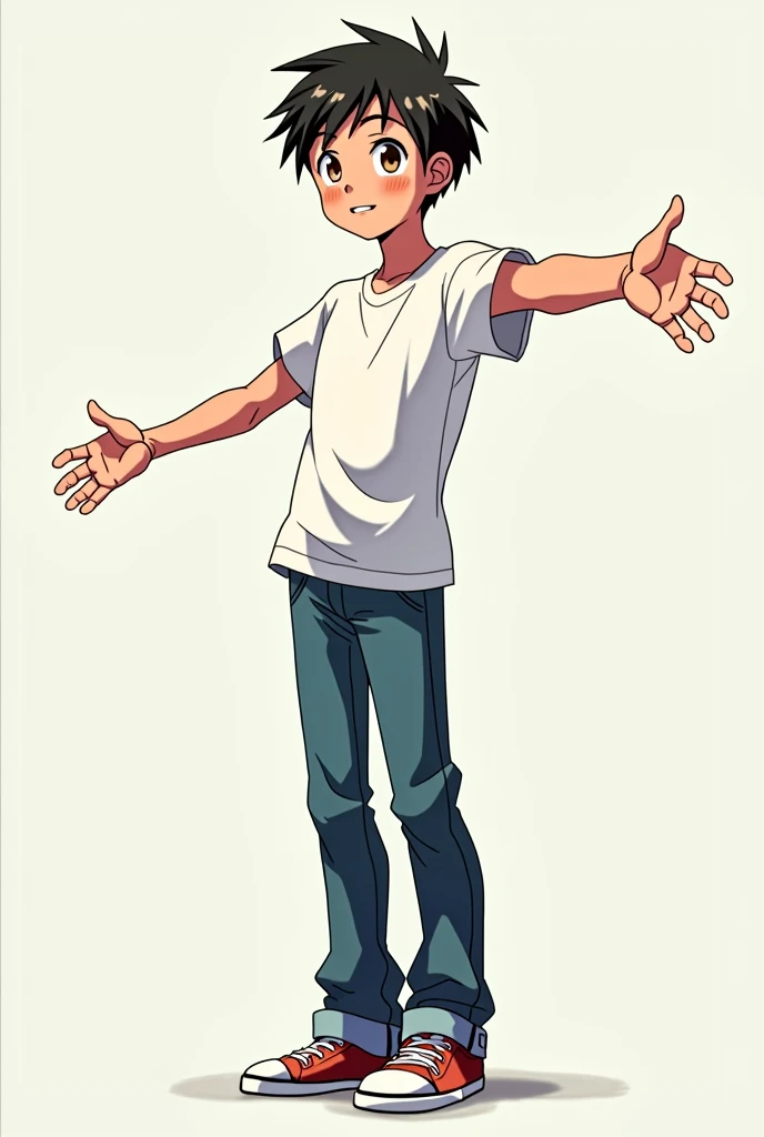 Anime boy with arms outstretched dressed casually and standing sideways 