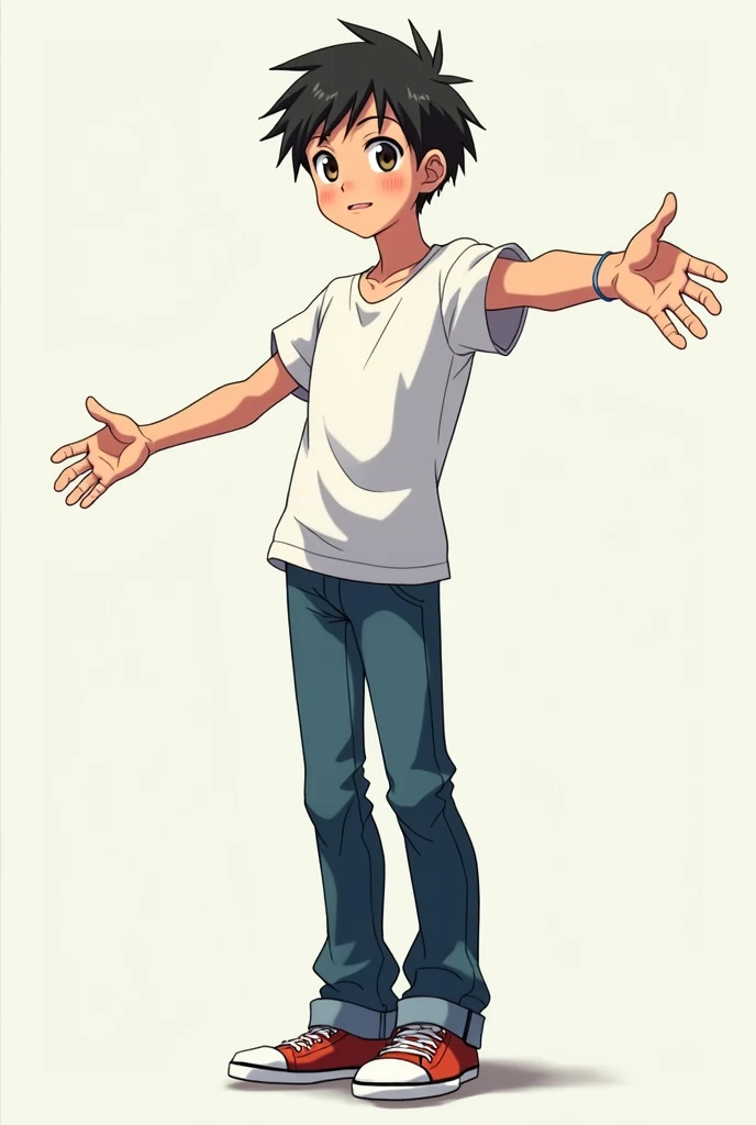 Anime boy with arms outstretched dressed casually and standing sideways