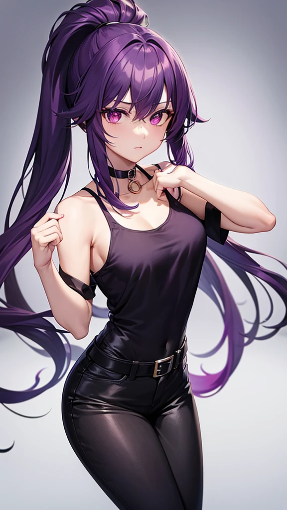 Beautiful girl wearing an open scientific gown, dark purple t-shirt, Black pants, black belt and a black choker around the neck, long magenta hair, gold eyes, anime style, Madura, shonen, in a lab