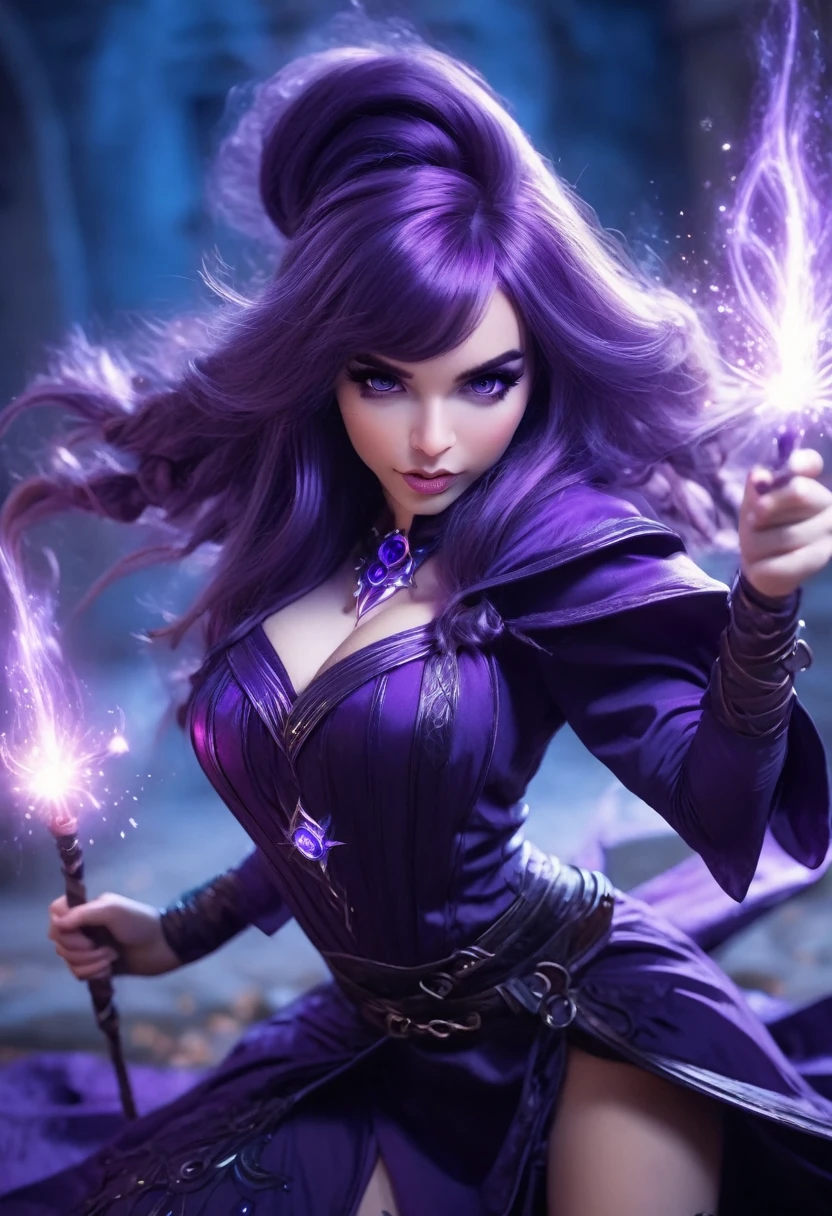 A cute woman with violet eyes and hair is in a sexy cute sorceress outfit, she is wielding a wand and shooting spells while striking sexy power poses, dark dungeon lit by spells