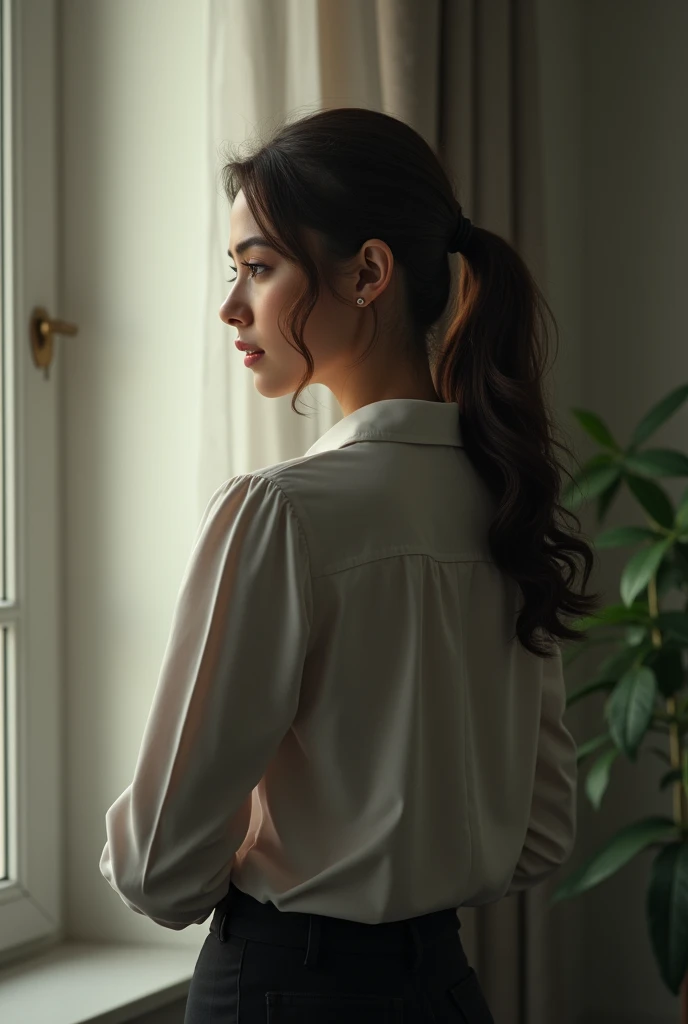 Female psychologist mental health professional beautiful woman without being daring or flashy seen from behind looking to the side full body