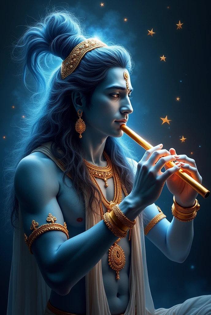 A divine portait picture of lord shiv
playing flute.he has blueish colored hair lolks like it emit light and also his hole jewelry emit golden light from it .he looks very charming and posses lots of positive energy . The background is blac